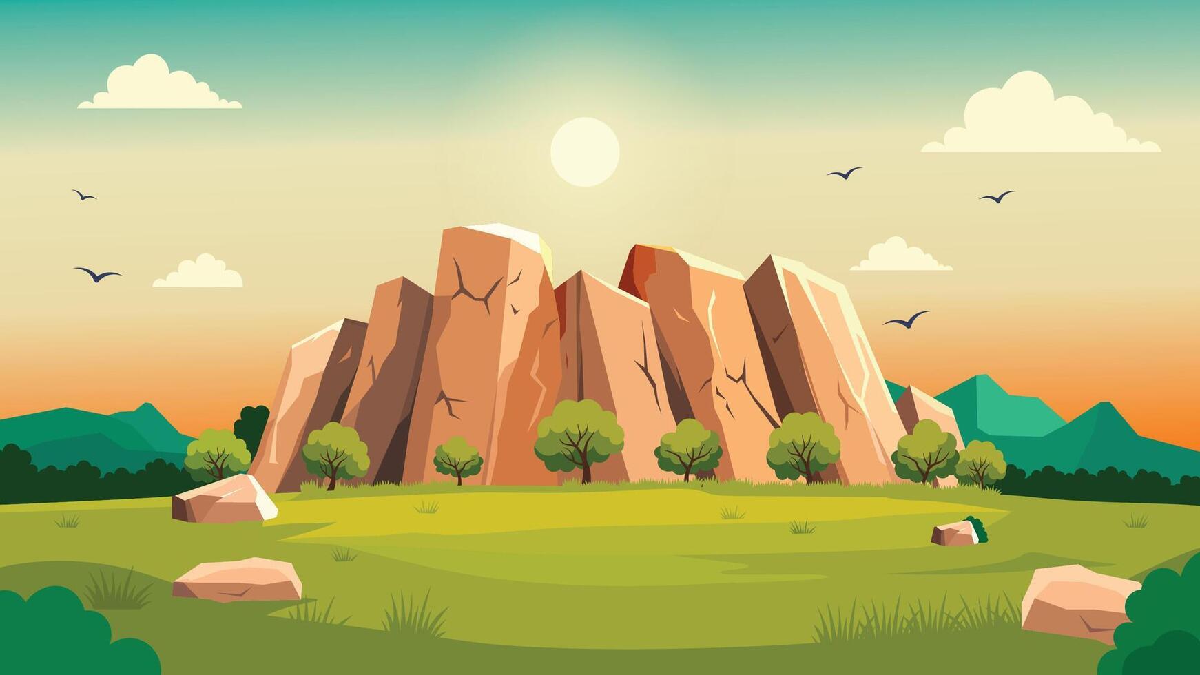 Rocky Cliff Nature Panorama Landscape in Wilderness with Sun in the Morning vector