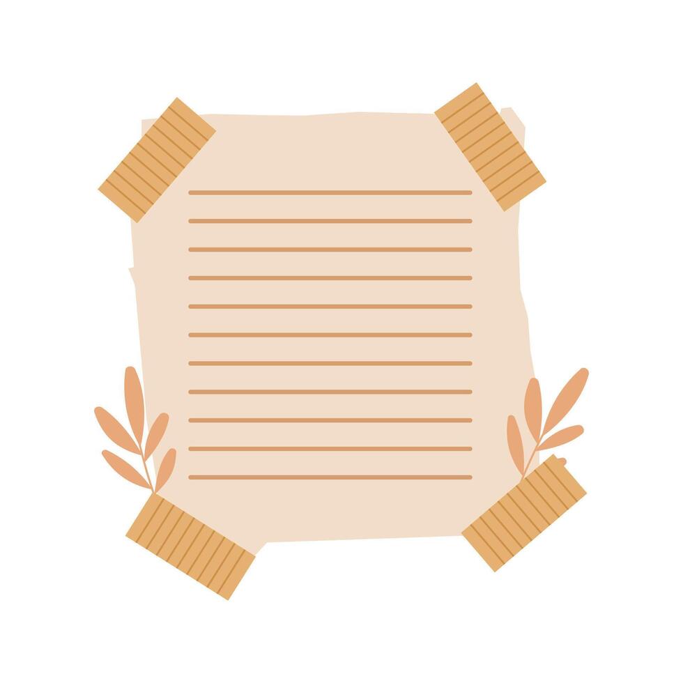 Aesthetic Blank Brown Paper Sticky Note Office Stationery with Tape and Leaf Decoration vector