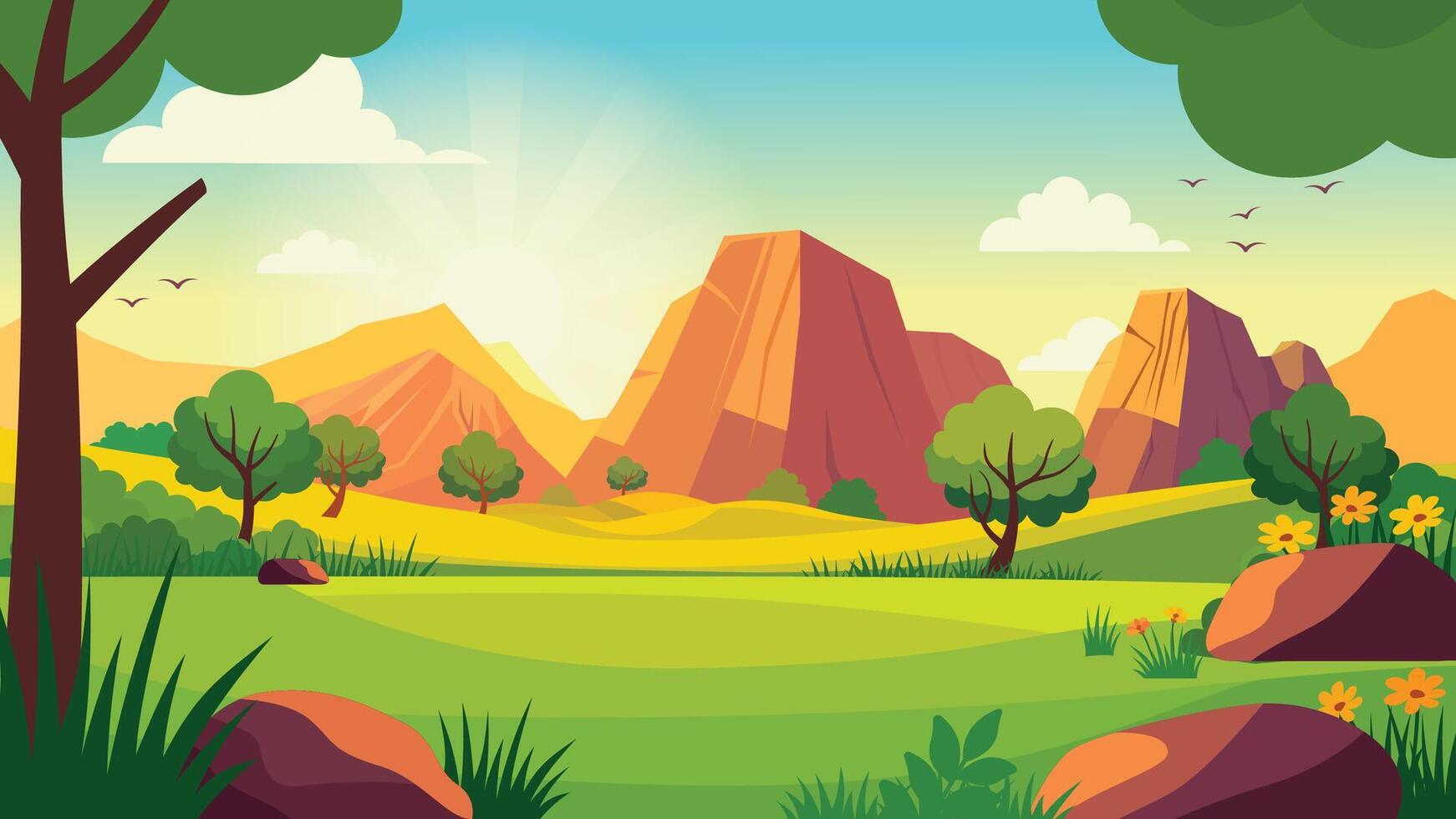 Beautiful Rocky Cliff Nature Panorama Landscape in Wilderness with Sun at Sunrise vector