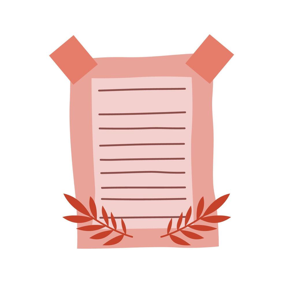 Aesthetic Blank Pink Paper Note Office Stationery with Sticky Tape and Leaves Decoration vector