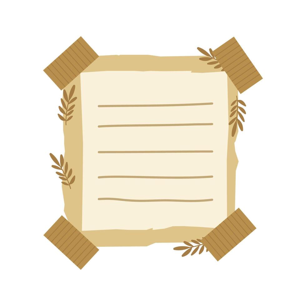 Aesthetic Blank Brown Paper Note Office Stationery with Sticky Tape and Foliage Decoration vector