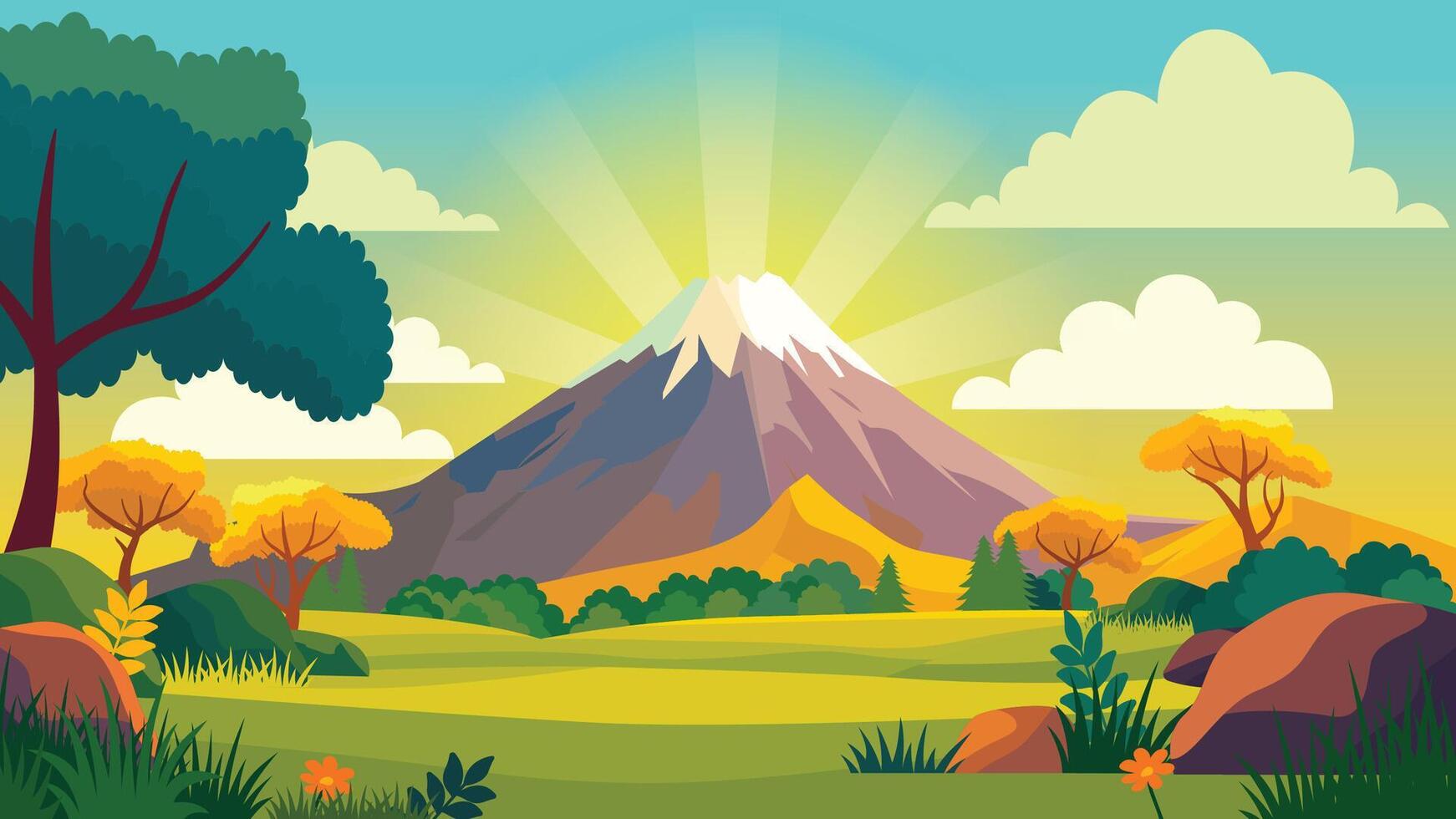 Mountain Adventure Nature Scenery Landscape with Trees in Forest and Sunburst in the Morning vector