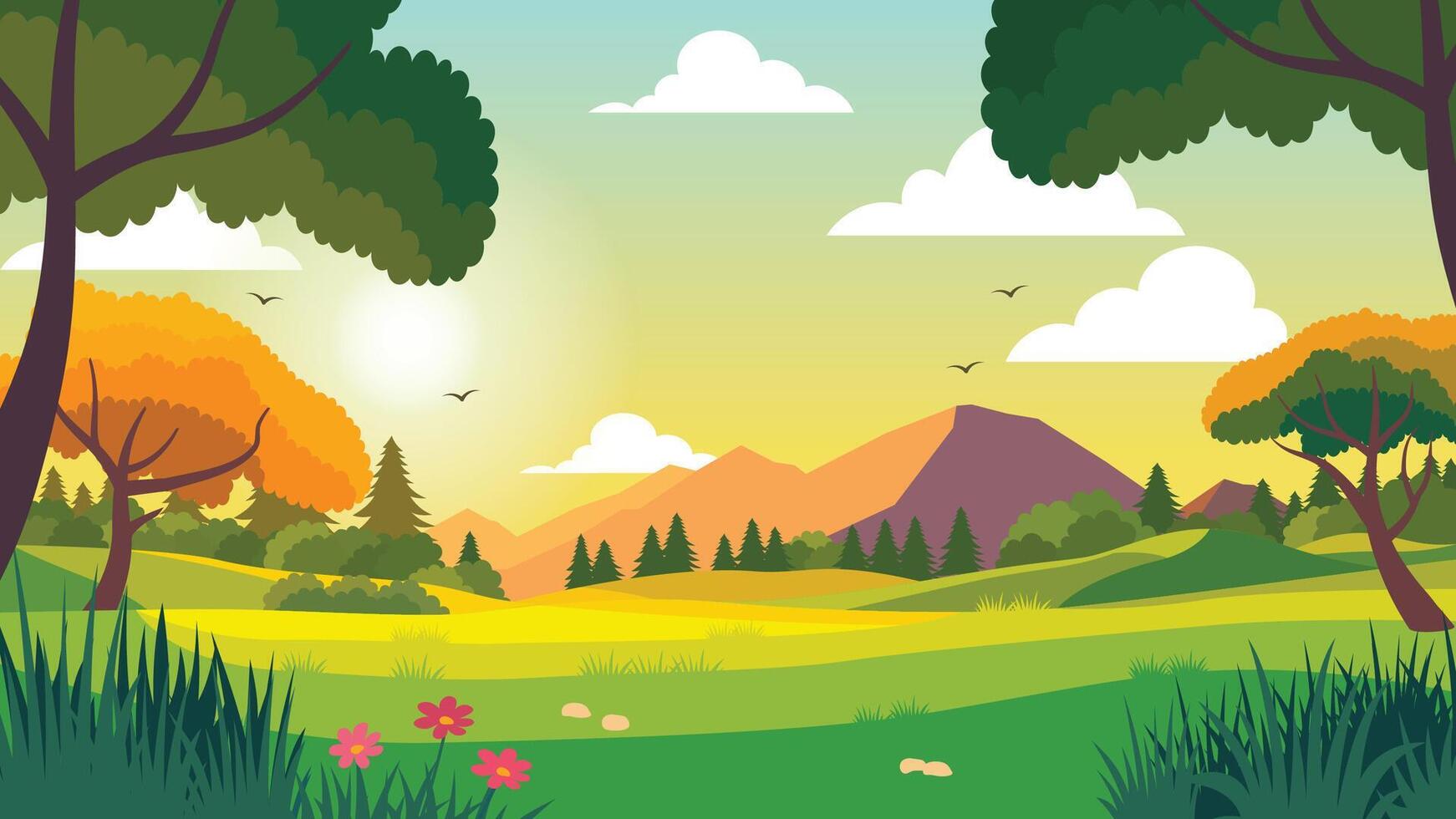 Mountain Nature Scenery Landscape with Trees in Forest and Sunlight in the Morning vector
