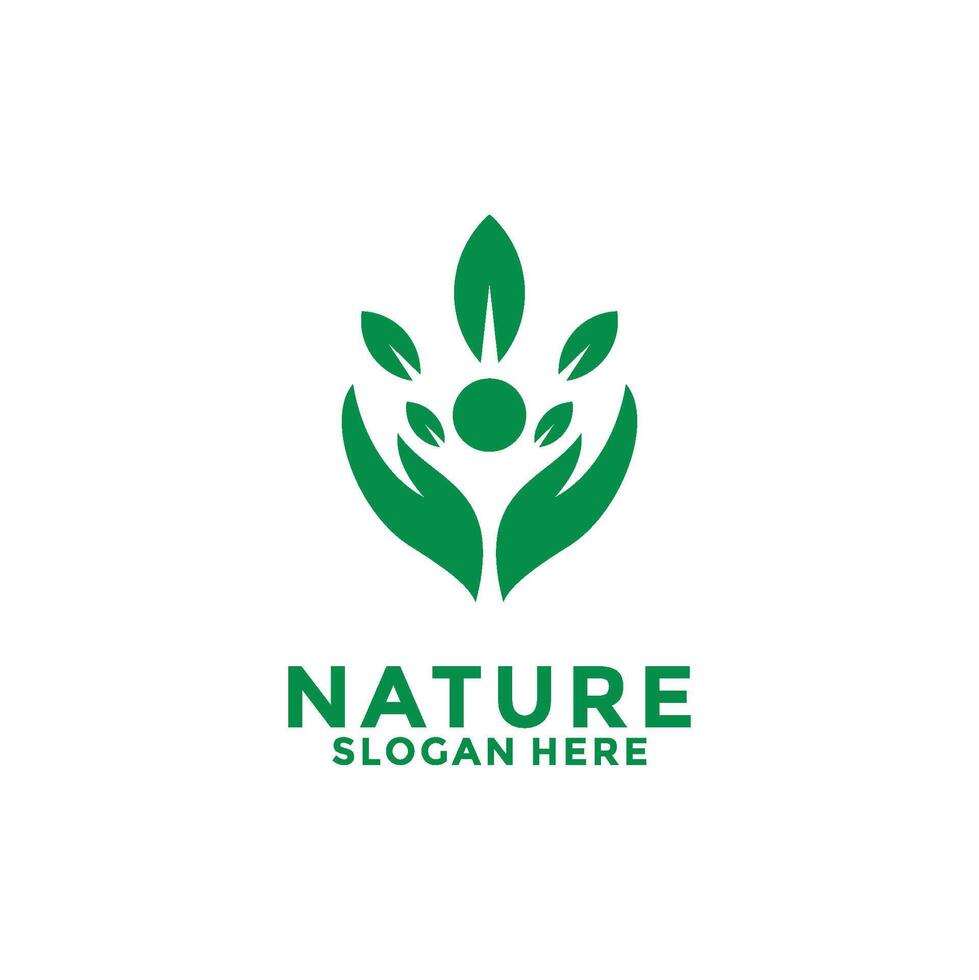 People Care Nature logo. People with Hand and leaf logo design. Nature Green Leaf Ecology logo template vector