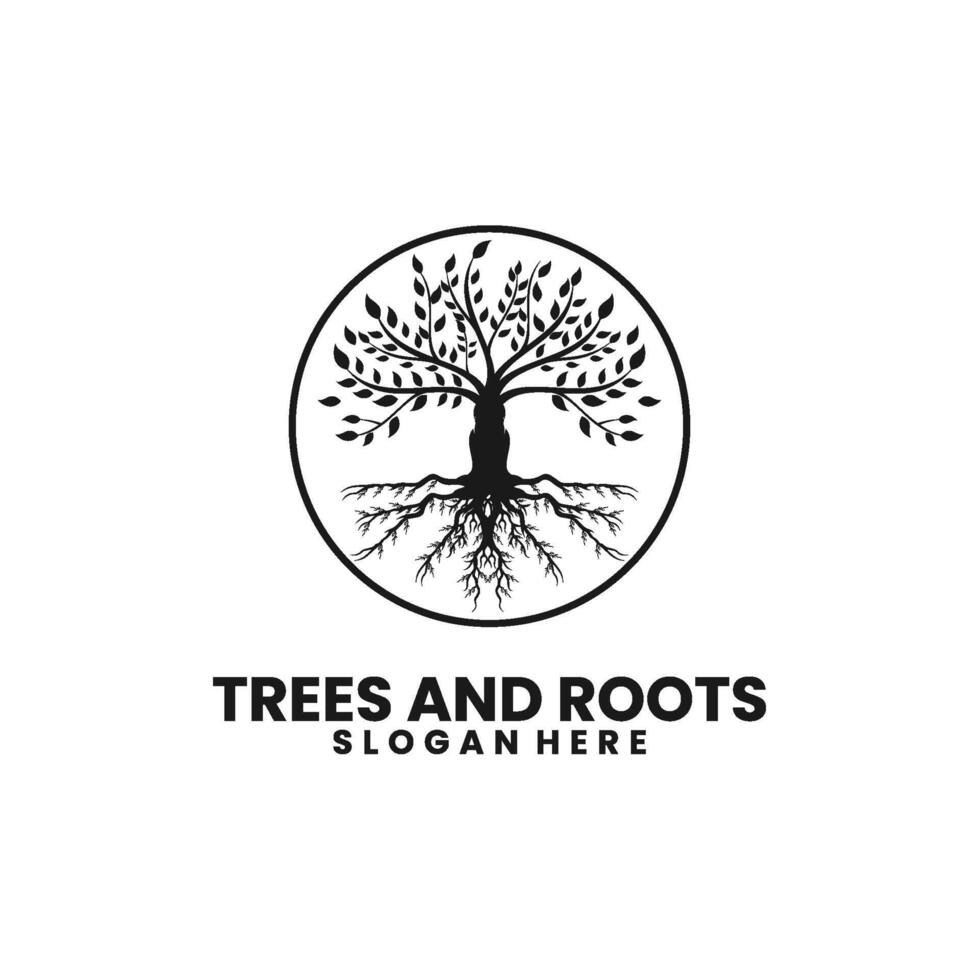 Tree and roots logo illustration. Simple Circle Tree of life logo design inspiration vector