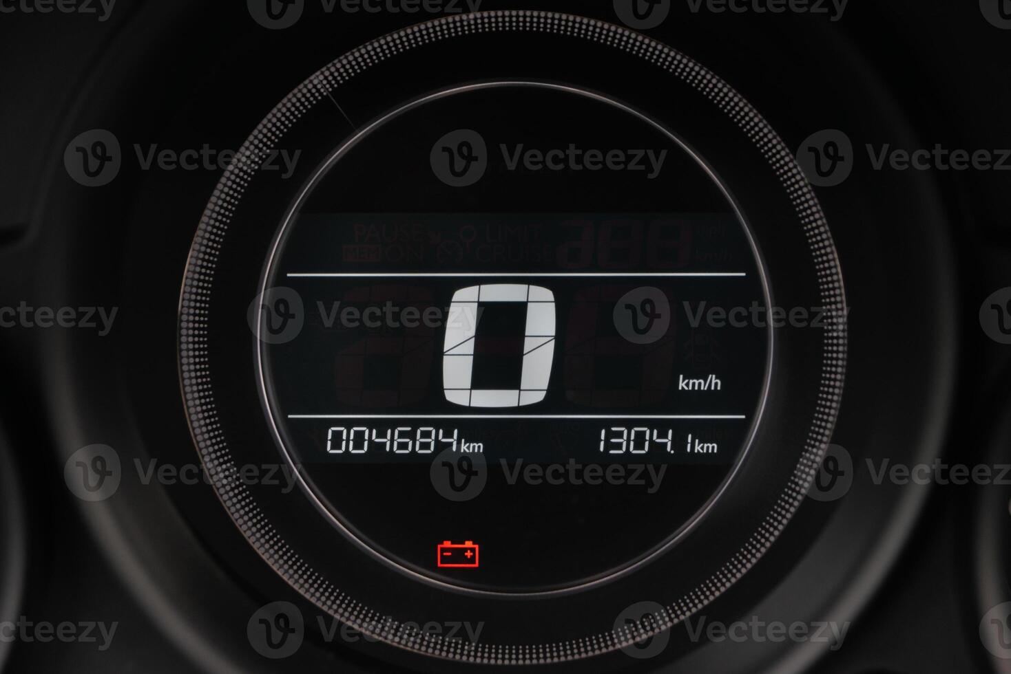 Close up of a car's digital speedometer displaying zero speed Odometer shows mileage photo