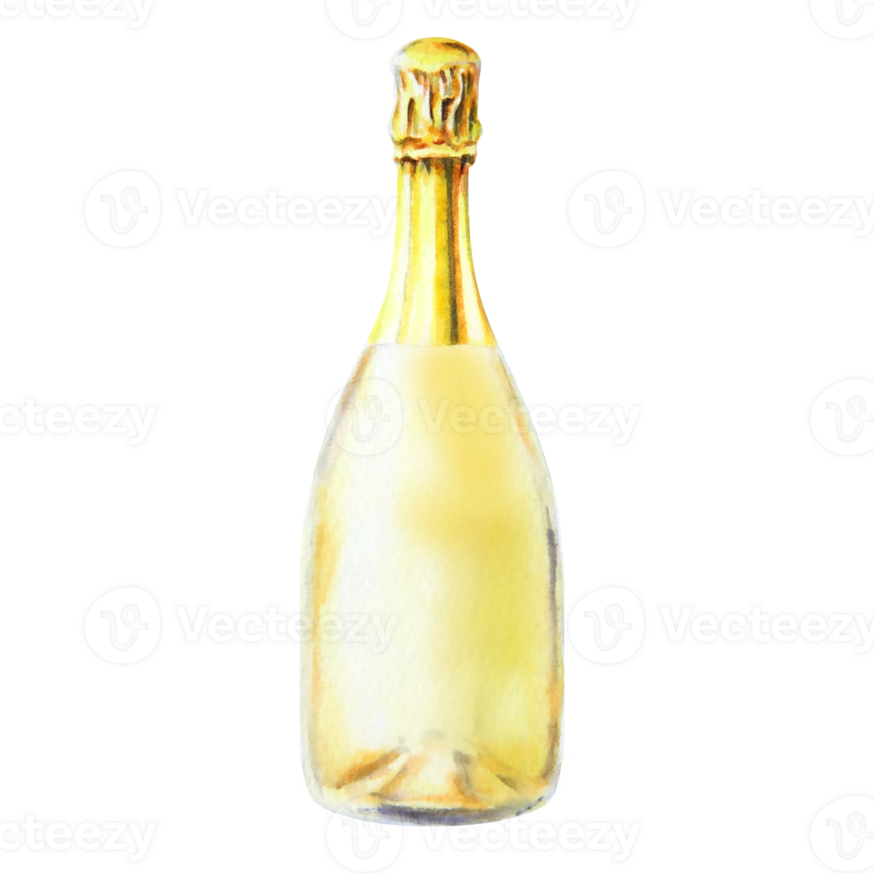 Elegant watercolor illustration of a champagne bottle with golden foil. Hand-painted with details, perfect for wedding decor, luxury invites, party branding, festive designs, or digital projects. png