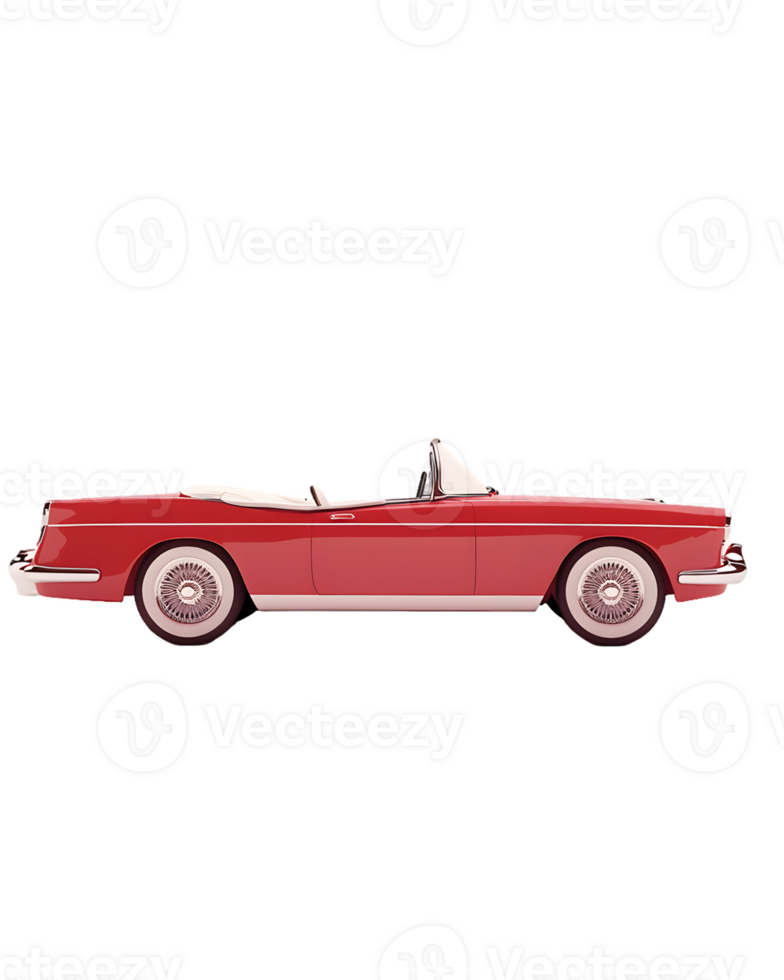 A side view of a classic red convertible car, highlighting its sleek design and open-top feature. png