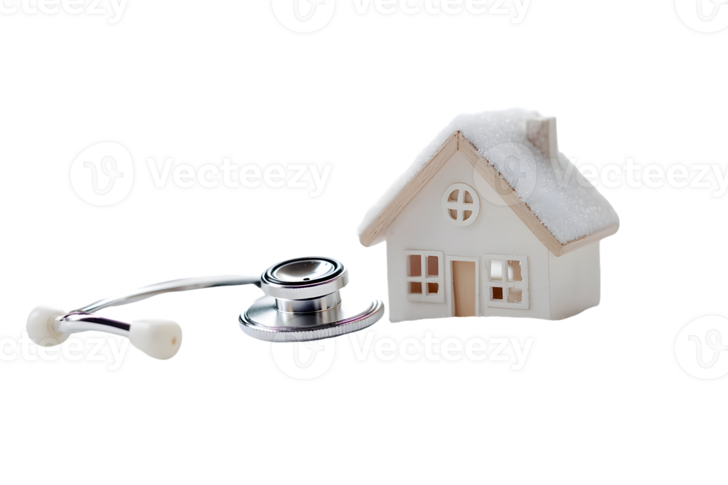 A miniature house next to a stethoscope symbolizes home healthcare and well-being. png