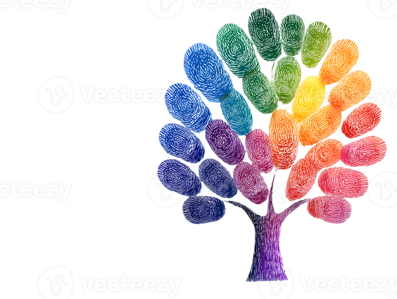 A colorful tree made of fingerprint leaves, symbolizing individuality and community. png