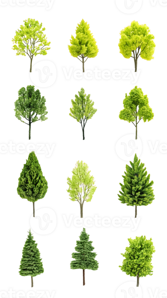 A collection of various tree types in different shades of green, ideal for graphic resources. png