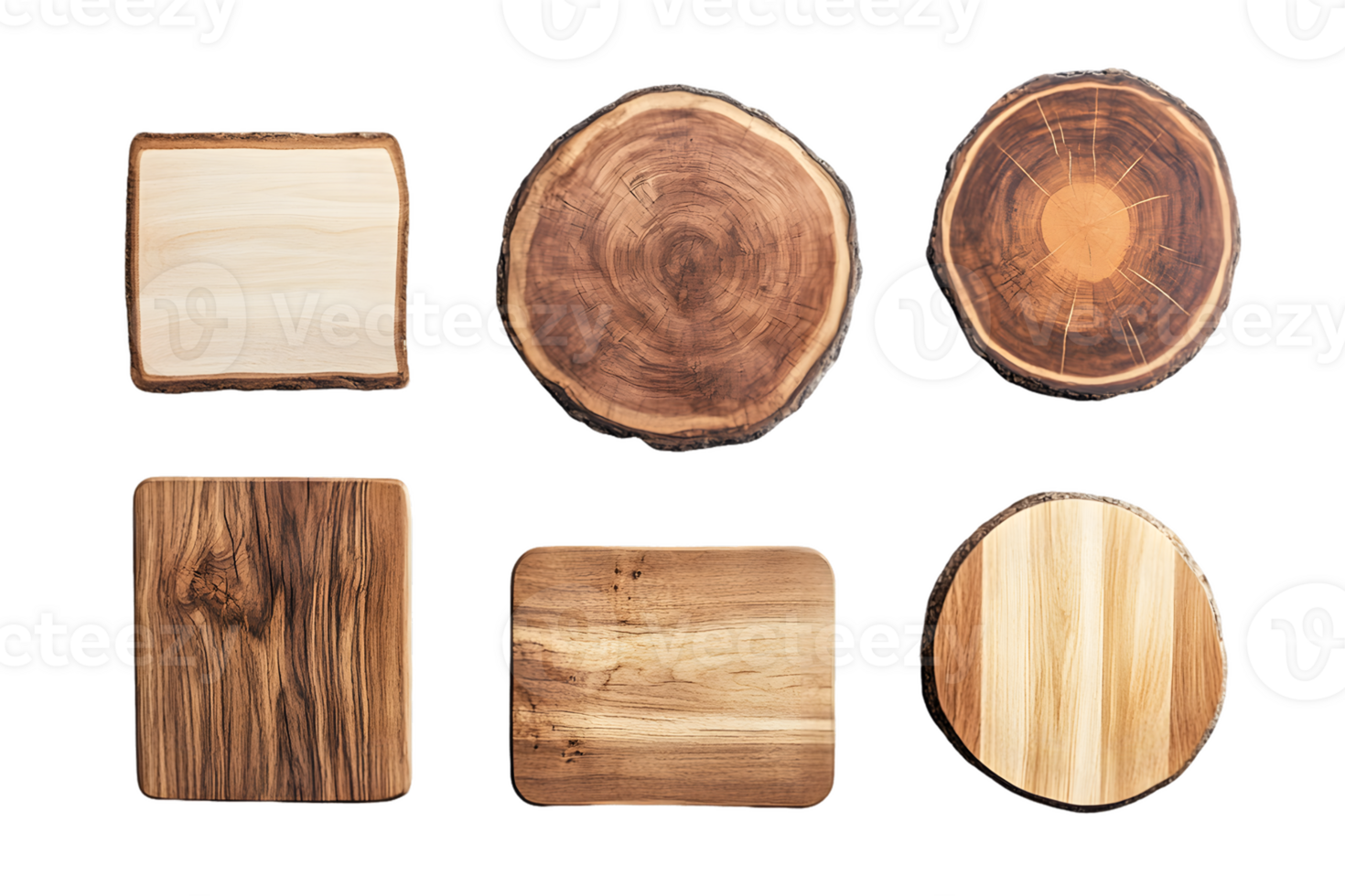 A collection of wooden cutting boards in various shapes and textures. png