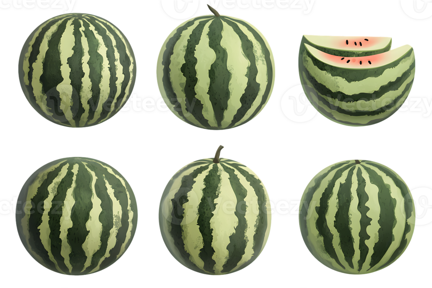 A collection of watermelons, including whole and sliced pieces, showcasing their texture and color. png