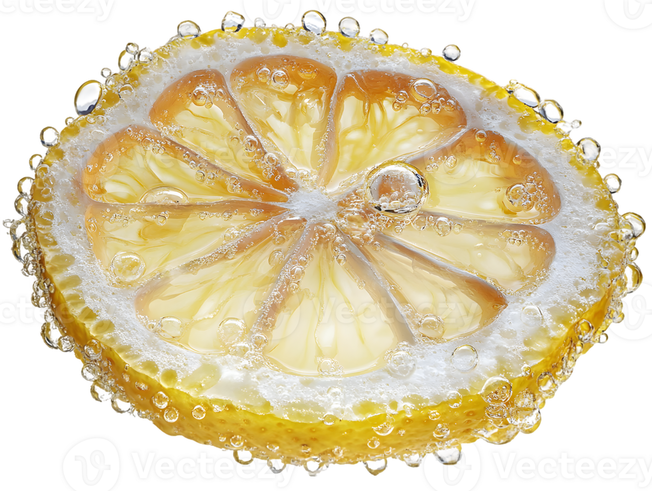 A close-up of a lemon slice with bubbles, showcasing freshness and zest. png