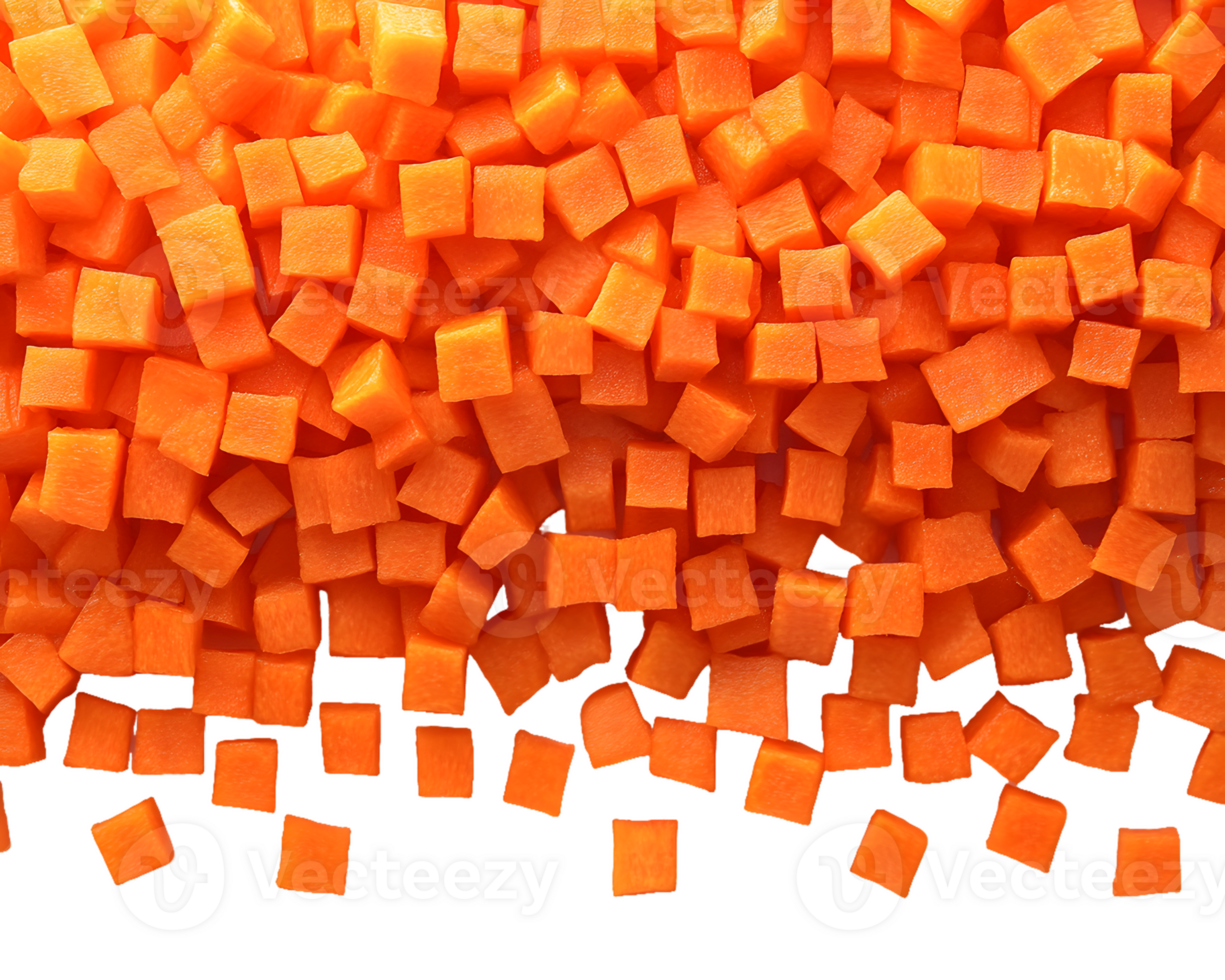 A close-up of diced orange vegetables, possibly butternut squash or carrots, arranged neatly. png