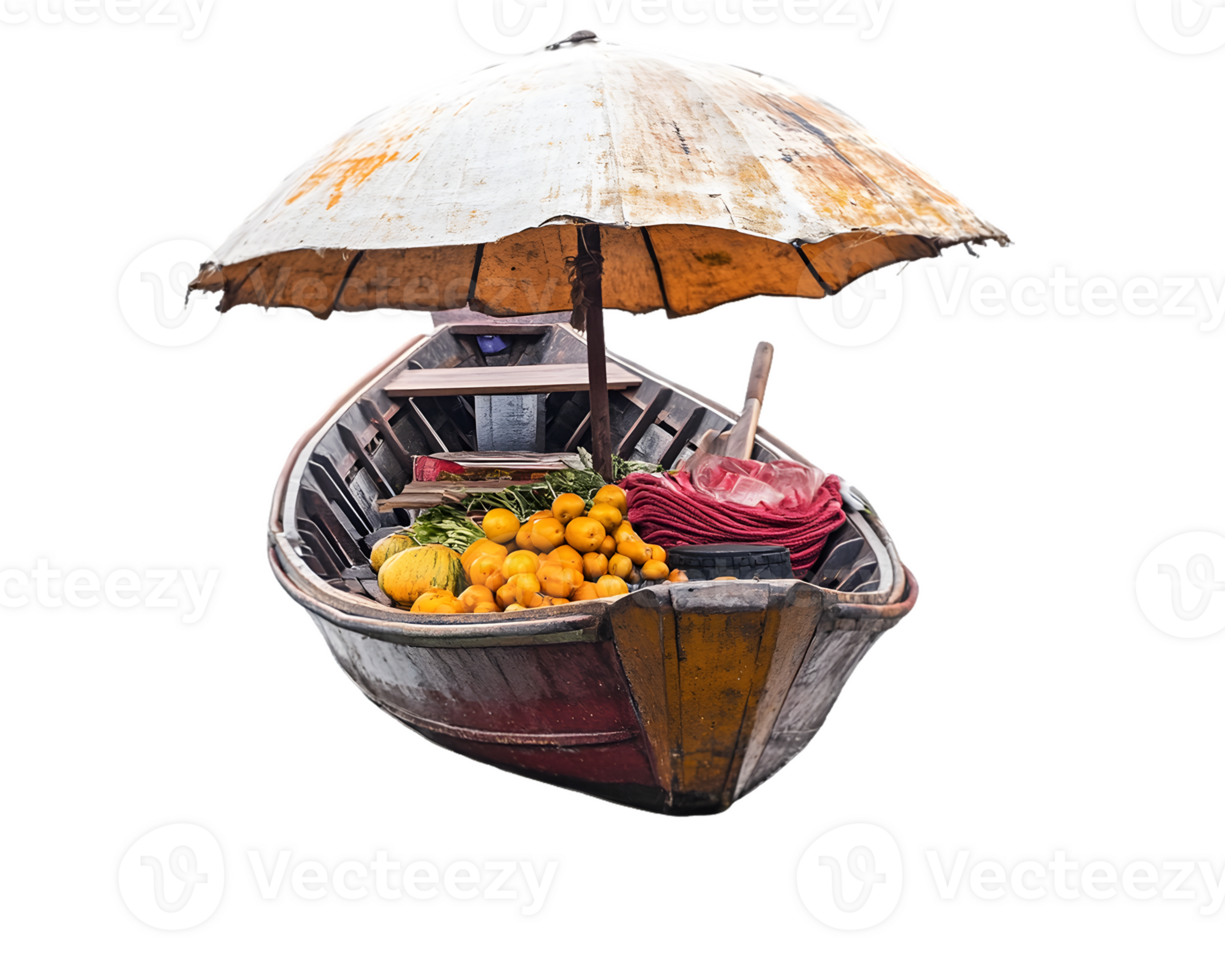 A colorful boat filled with fruits under an umbrella, showcasing a vibrant market scene. png