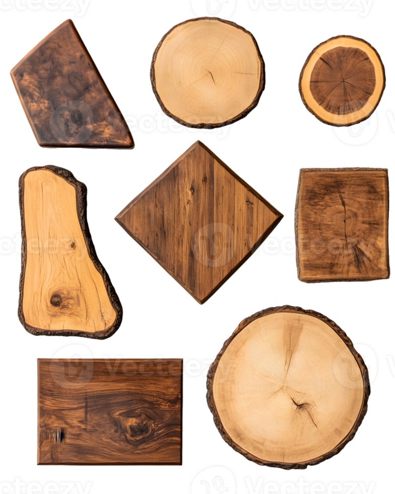 A collection of wooden slices and shapes, showcasing natural textures and patterns. png