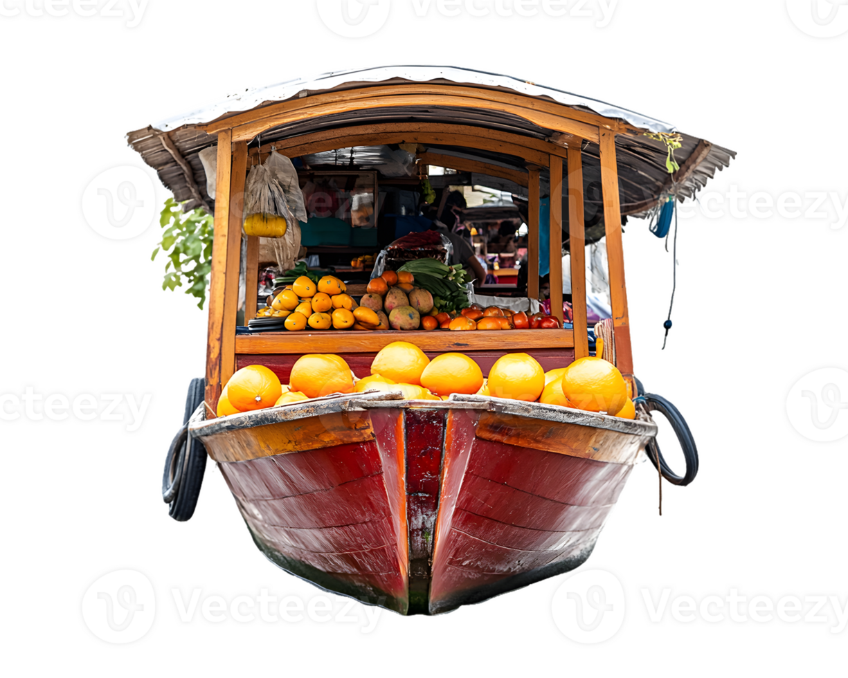 A colorful boat market stall displaying various fruits for sale. png