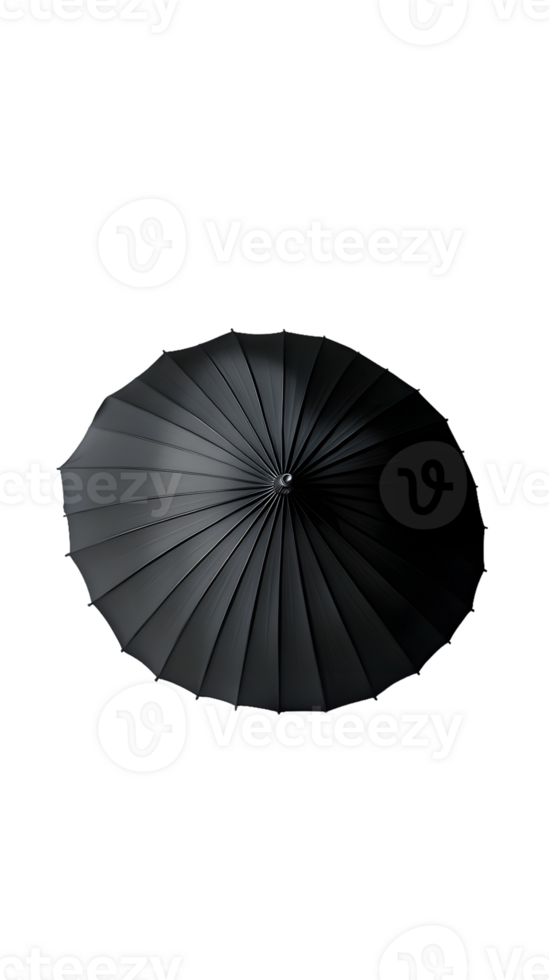 A black umbrella viewed from above, showcasing its pleated design and circular shape. png