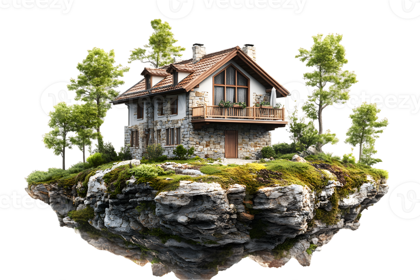 A charming stone house nestled on a rocky island, surrounded by lush greenery and trees. png