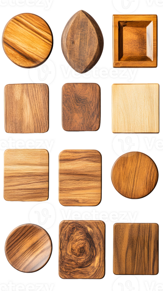 A collection of wooden shapes showcasing various finishes and textures. png