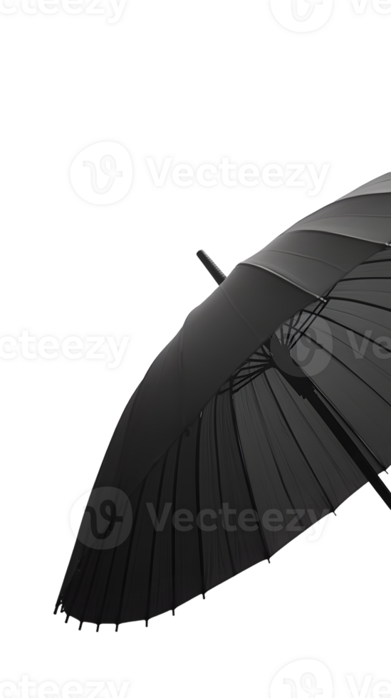 A black umbrella viewed from the side, showcasing its structure and design. png