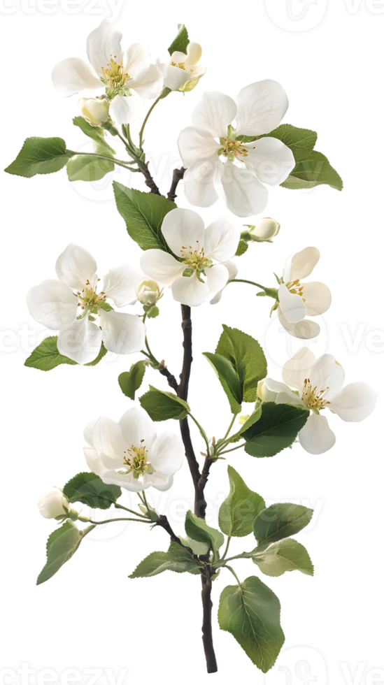 A branch of white flowers with green leaves, showcasing natural beauty and botanical design. png