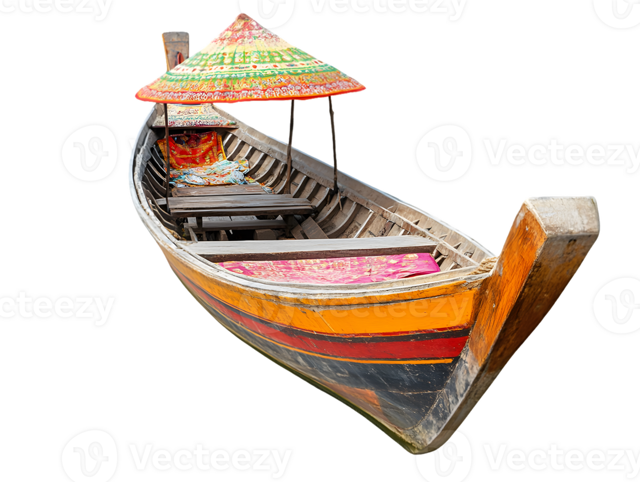 A colorful traditional boat with a decorative umbrella, designed for leisure and travel. png