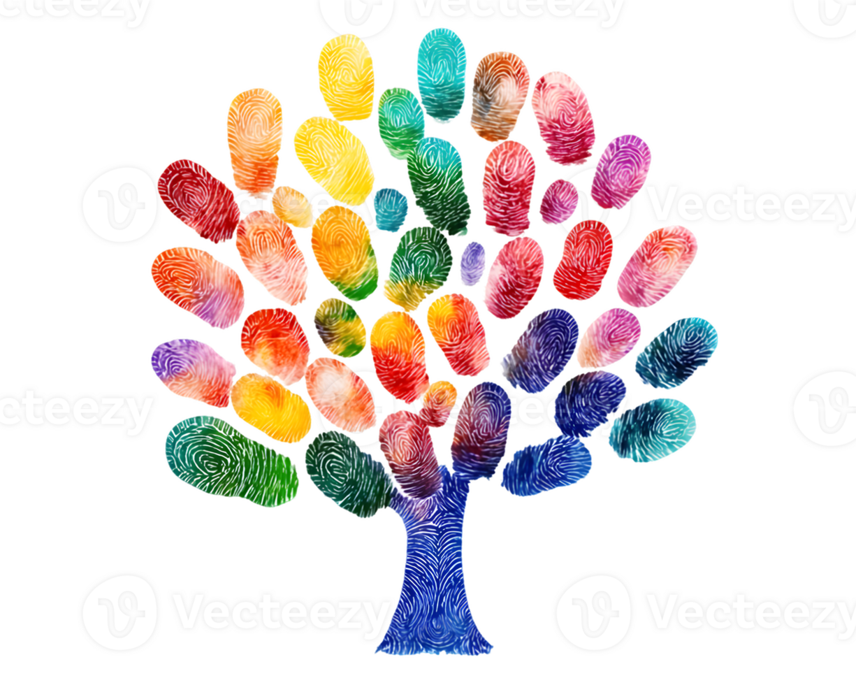 A colorful tree made of fingerprint art, symbolizing diversity and creativity. png