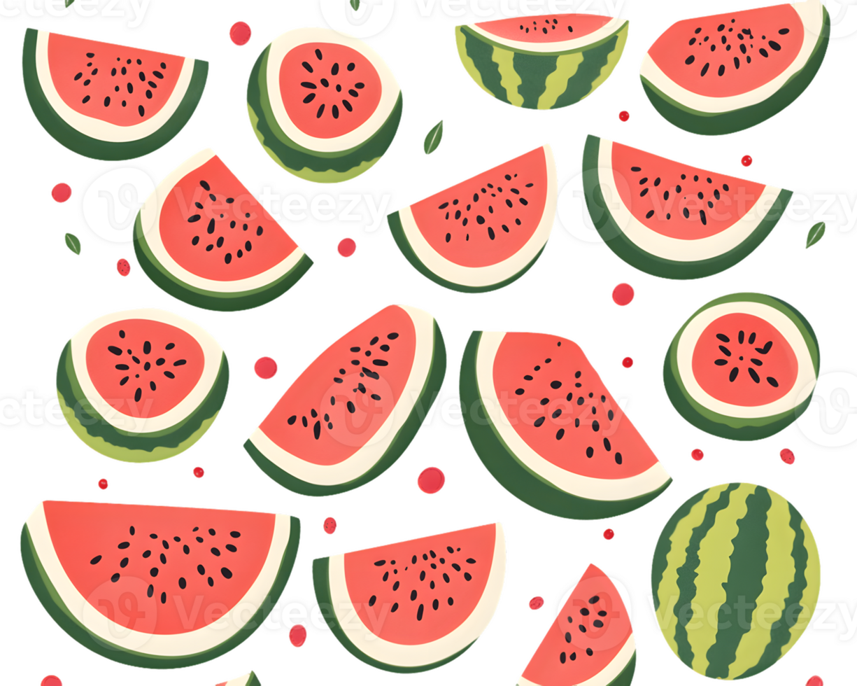 A colorful pattern featuring various slices of watermelon and whole watermelons. png
