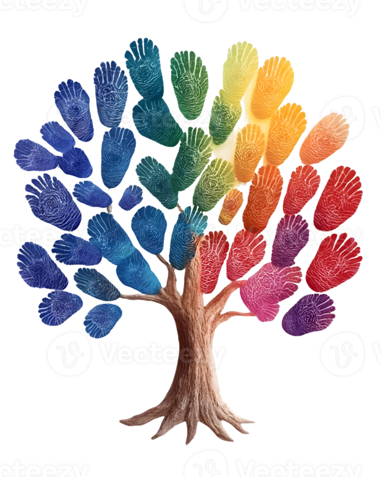 A colorful tree made from handprints, symbolizing unity and diversity. png