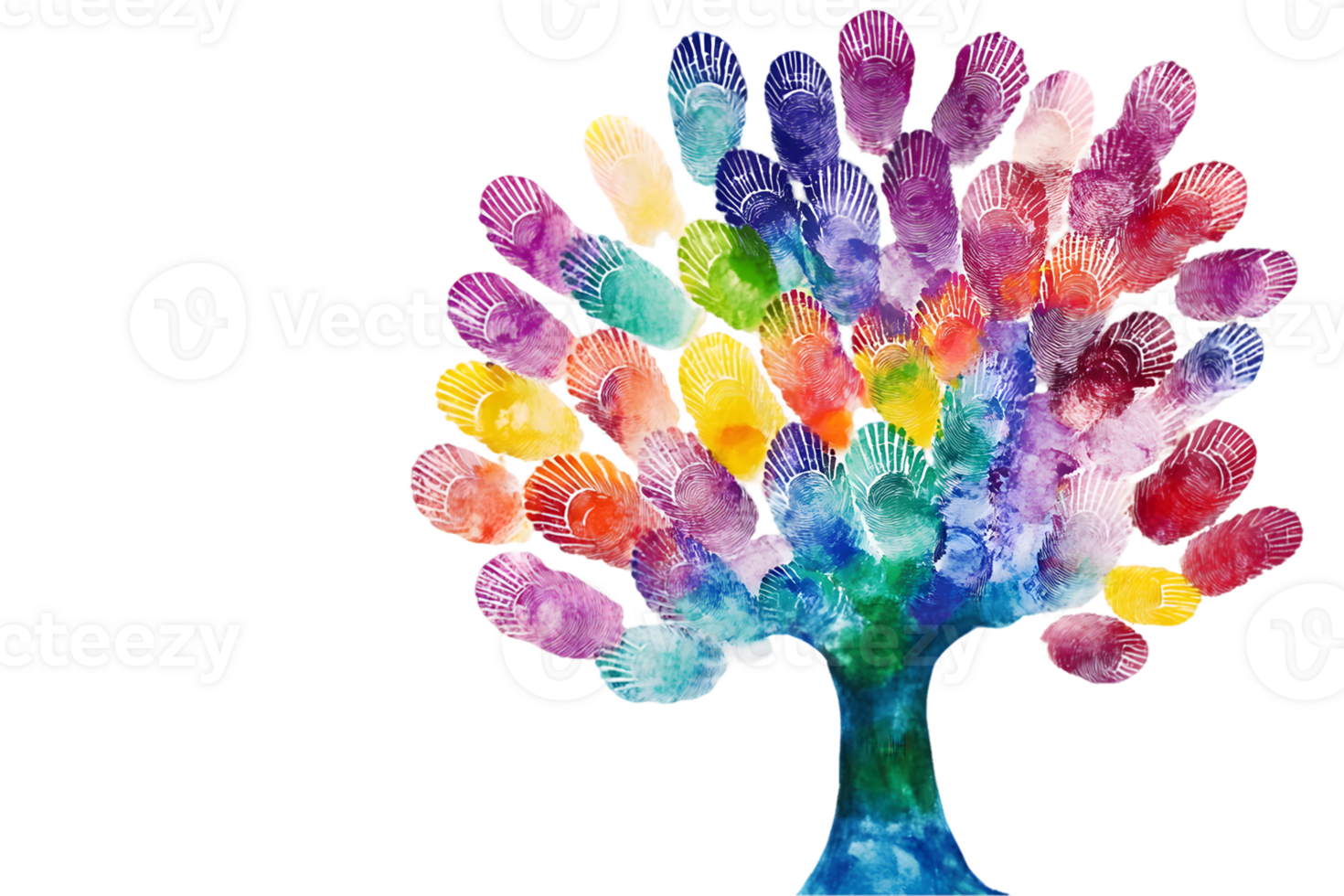 A colorful tree made from handprints, symbolizing creativity and community. png