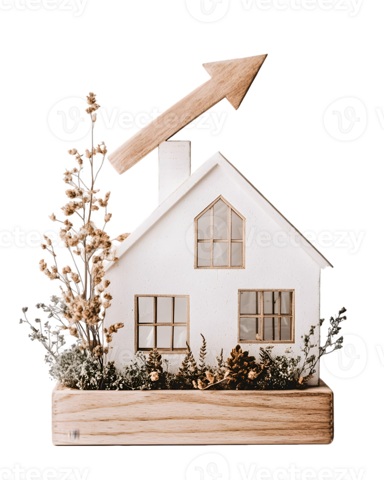 A decorative model house with greenery and an upward arrow symbolizing growth. png
