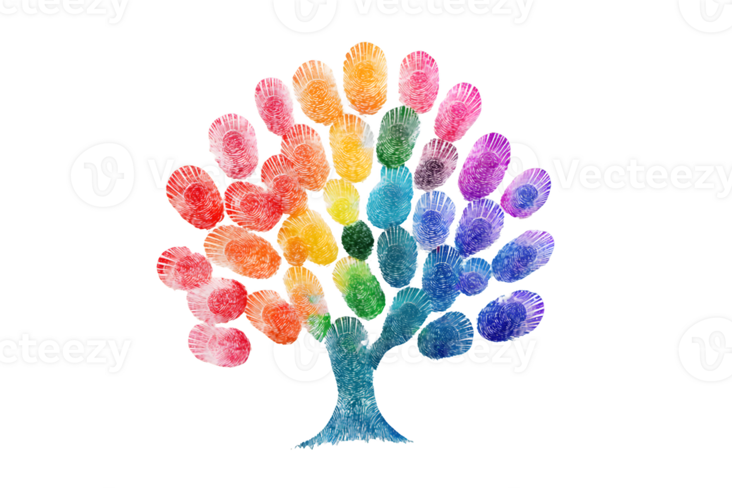 A colorful watercolor tree made from fingerprint shapes, symbolizing diversity and unity. png