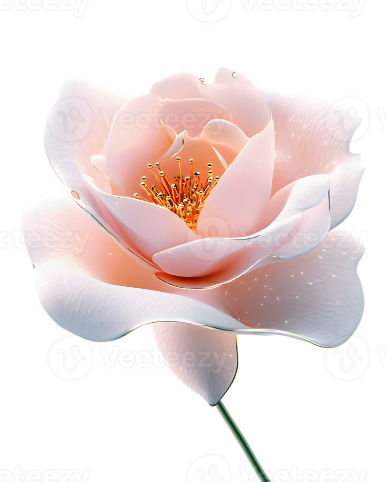 A delicate pink rose with intricate petals and golden stamens, symbolizing beauty and nature. png