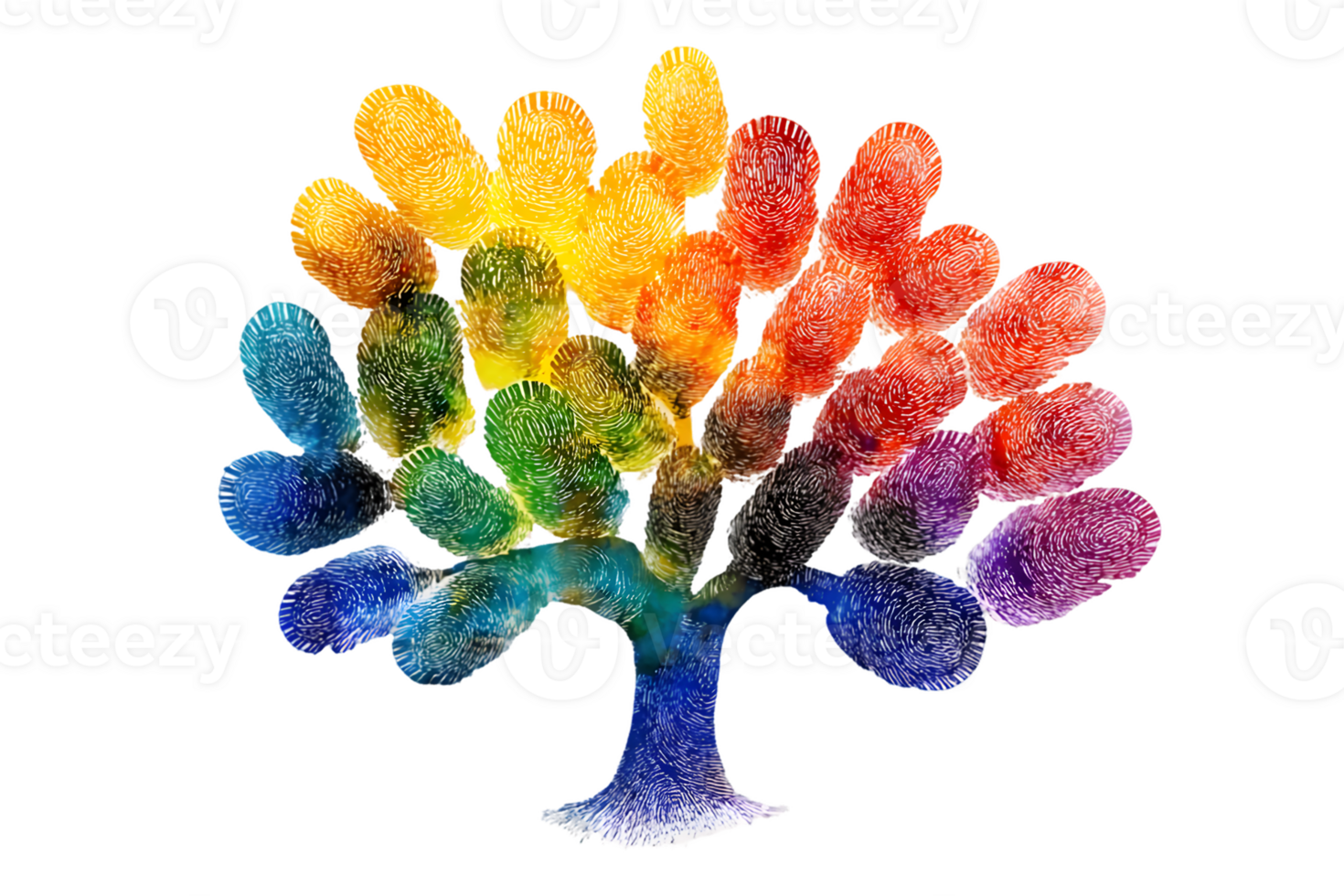 A colorful tree made of fingerprints, symbolizing diversity and unity. png