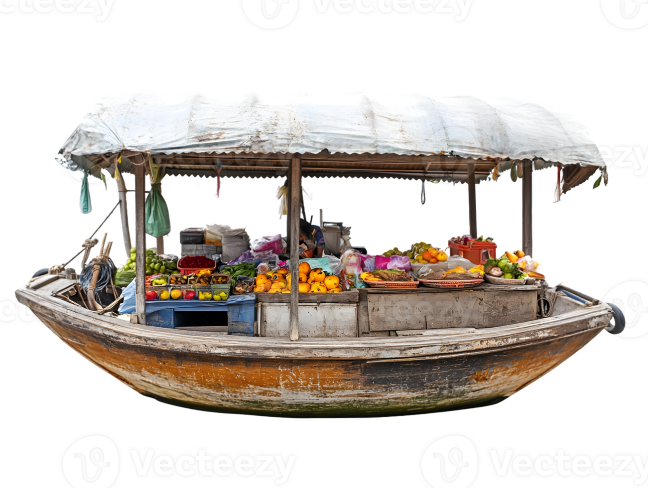 A floating market stall filled with colorful fruits and vegetables on a boat. png