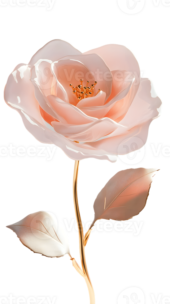 A delicate pink rose with soft petals and green leaves, symbolizing beauty and love. png