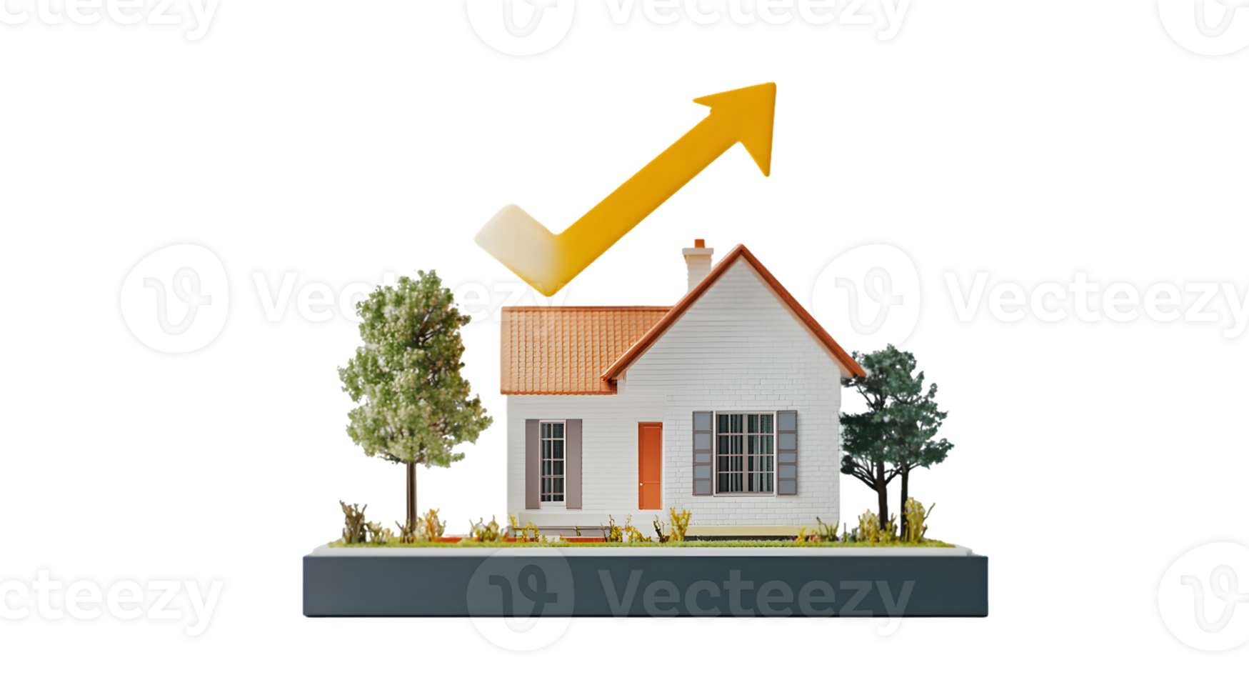 A model house with an upward arrow, symbolizing growth in real estate or investment. png