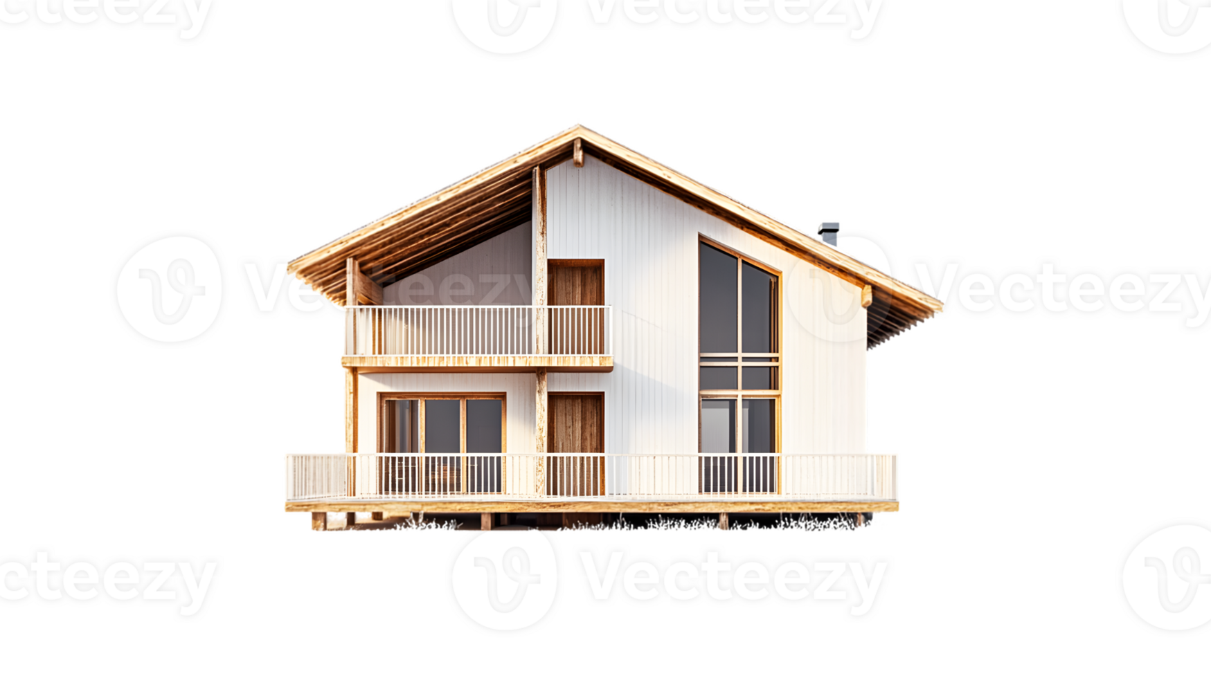 A modern wooden house with large windows and balconies, designed for comfortable living. png