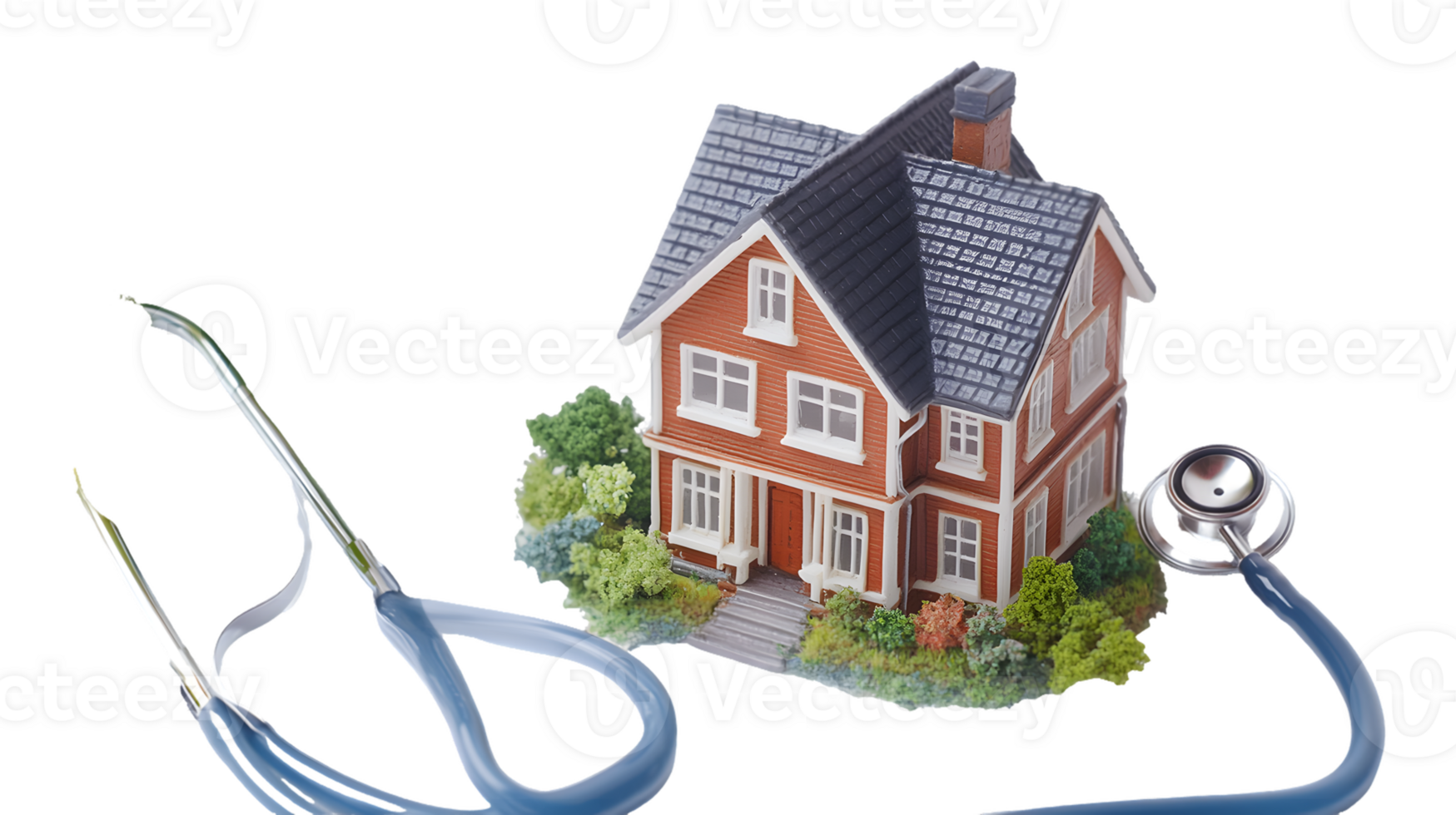 A model house surrounded by medical tools, symbolizing healthcare in home settings. png