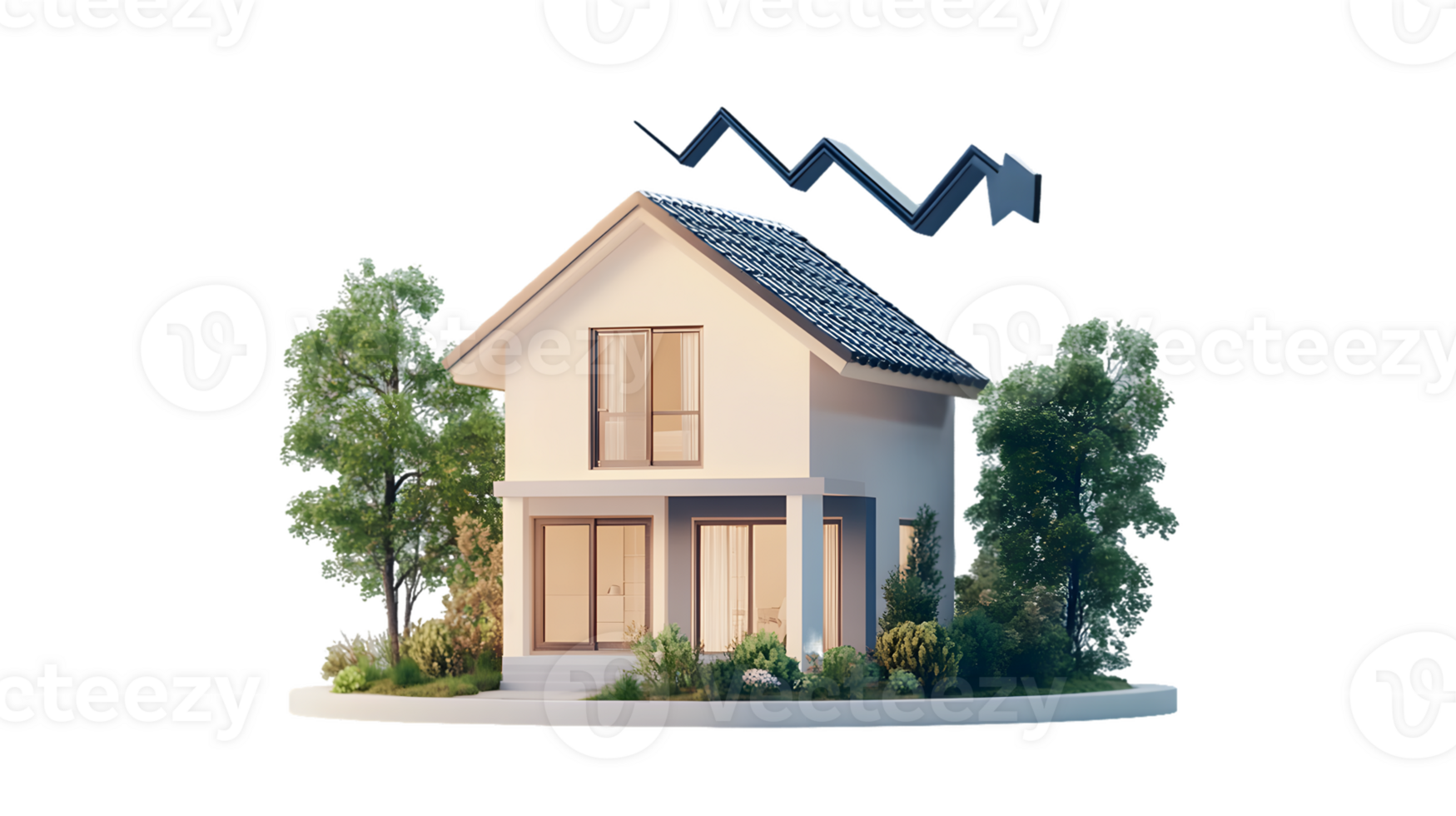 A modern house illustration surrounded by greenery and an upward trend line. png