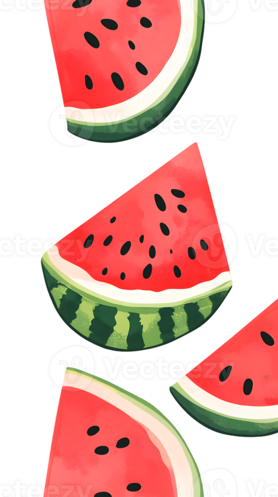A pattern of colorful watermelon slices with seeds and rind. png