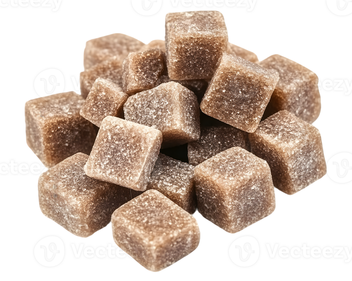 A pile of brown sugar cubes arranged in a heap, showcasing their texture and shape. png