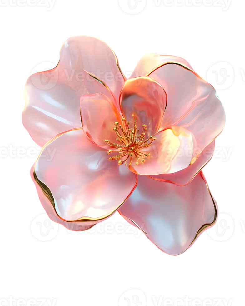 A realistic, glossy pink flower with delicate petals and golden stamens. png