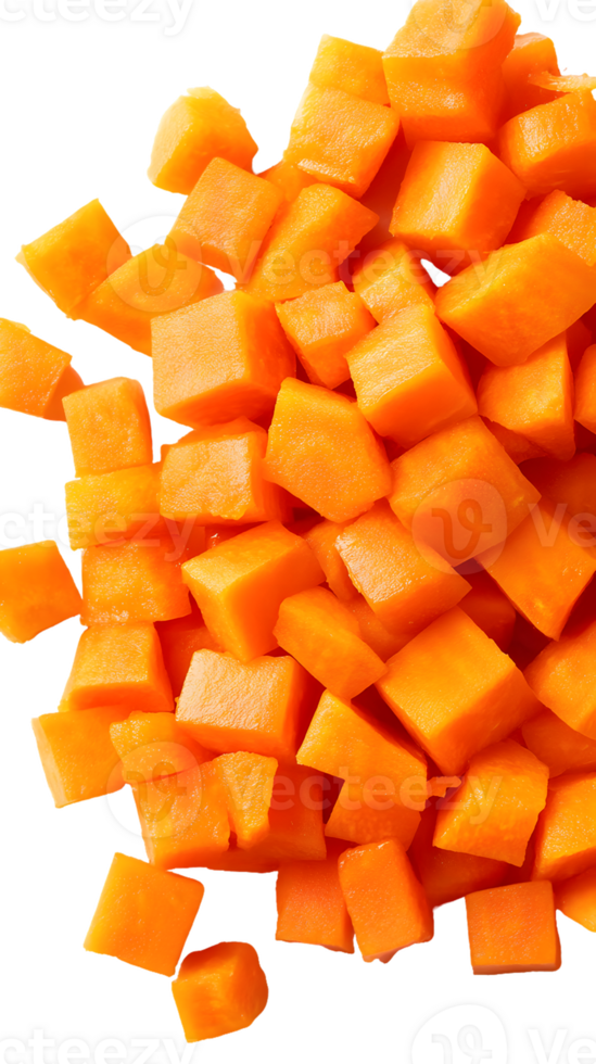 A pile of diced orange vegetables, likely butternut squash, ready for cooking or salad preparation. png