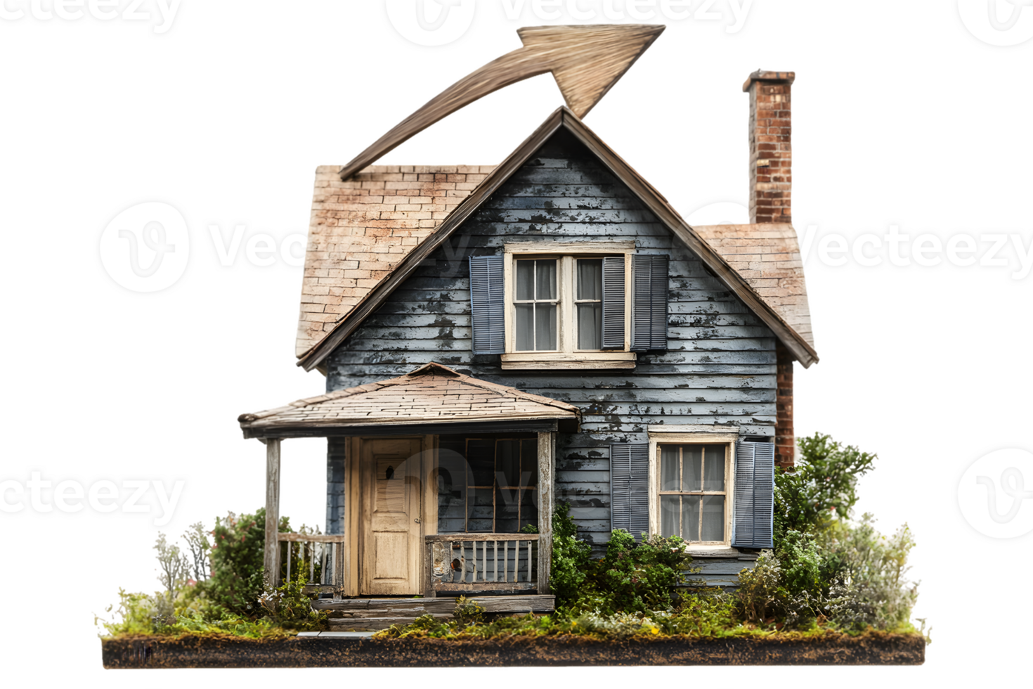 A quaint blue house with a porch, surrounded by greenery and an upward arrow on the roof. png
