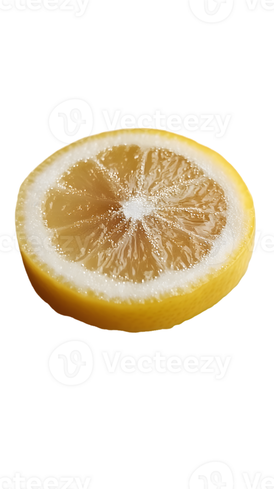 A sliced lemon showcasing its juicy interior and textured rind, ideal for culinary use. png