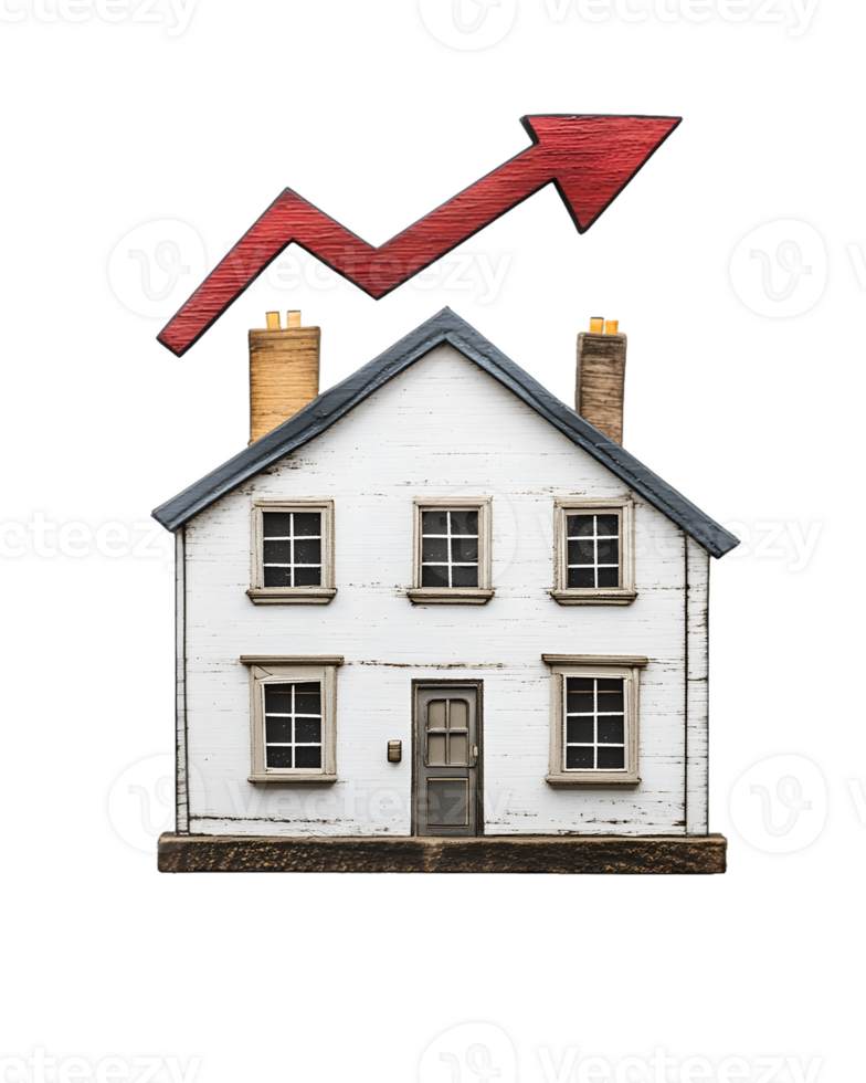 A house graphic with an upward trend arrow, symbolizing real estate growth. png