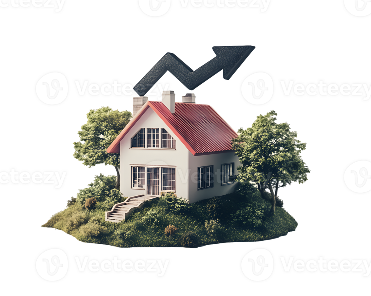 A house with a red roof on a hill, featuring an upward arrow, symbolizing growth. png